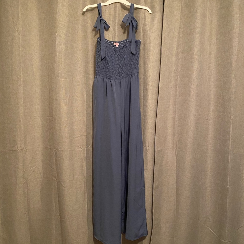 Pink lily dusty blue jumpsuit